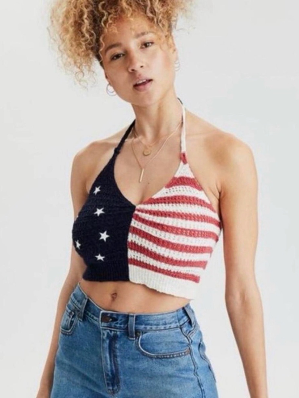 American Eagle Outfitters Patriotic Halter Knit Crop Top - Navy, Red & White
